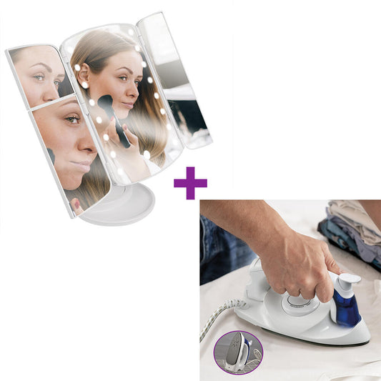 Pack Viaje  ESPEJO MAQUILLAJE MULTIPOSICION CON LUZ LED & Plancha De Vapor De Viaje